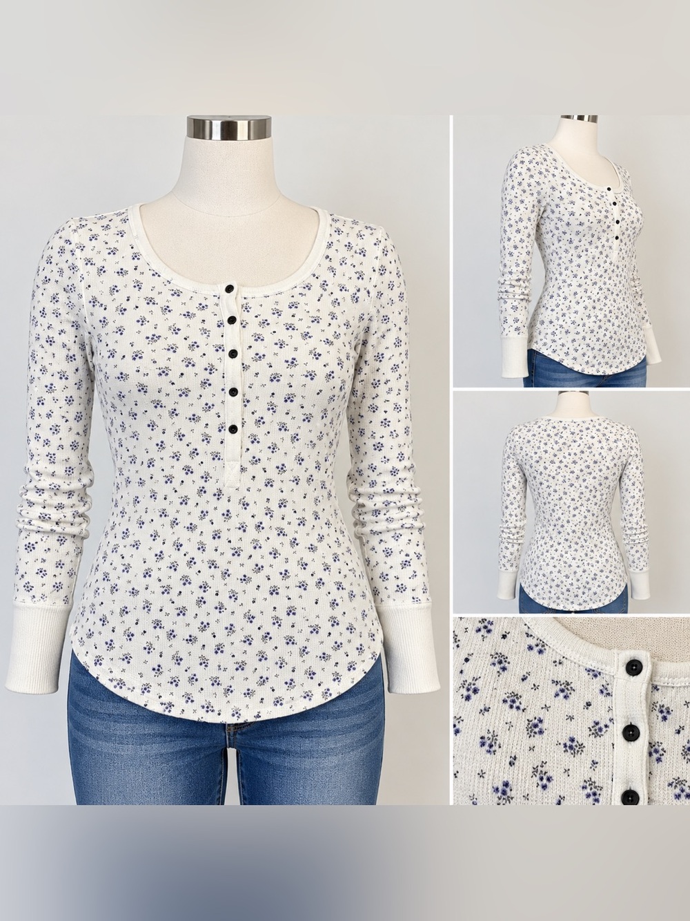 Lucky Brand Cream Long-Sleeve Henley with Purple Floral Print Size S